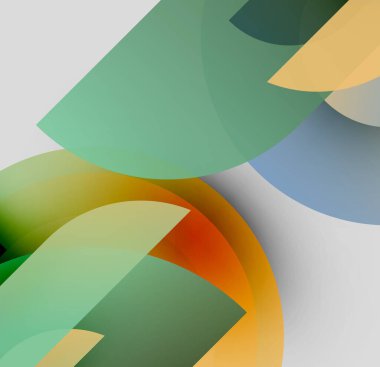 Soyut kompozisyon. Üstüste binen yarı saydam şekiller dinamik görsel akış yaratır. Renkler karışıyor, yumuşak eğimler oluşturuyor. Minimalist tasarım.