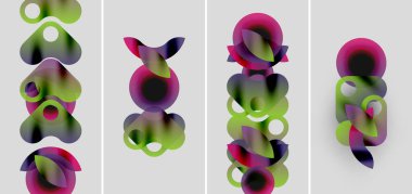 Katmanlı daireler içeren soyut bileşim. Canlı yeşil, mor renkler harmanlanmış, dinamik görsel ritim yaratıyor. Minimalist tasarım, temiz arkaplan.