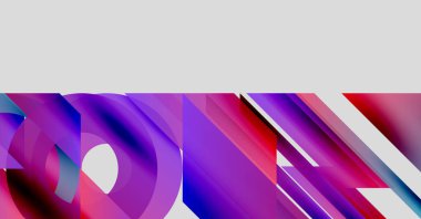 Canlı mor, kırmızı, mavi gradyan içeren soyut bir kompozisyon. Dairesel formlar keskin açılı şekillerle kesişir ve dinamik görsel efekt yaratır..