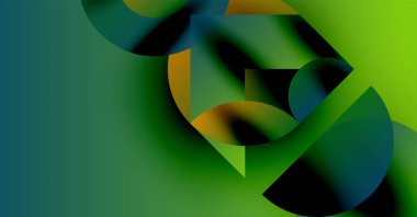 Soyut şekiller harmanlanır, dinamik yeşil, mavi, altın bileşimi oluşturur. Akışkan formlar hareket, derinlik ve modern tasarım öneriyor.