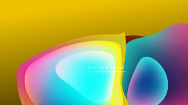 Soyut sıvı şekilleri örtüşür, canlı renkler harmanlanır. Sarı üste hükmediyor, maviye ve pembeye geçiyor. Modern tasarım ögesi.