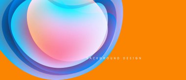 Soyut tasarım katmanlı şekiller, canlı renkler içerir. Turuncu arka plan mavi ve pembe renkleri tamamlar. Modern, dinamik kompozisyon.