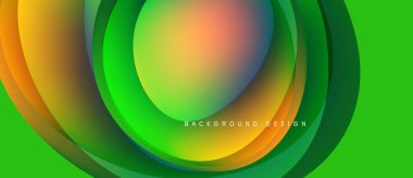 Soyut katmanlar canlı dairesel tasarım yaratır. Yeşil egemen, turuncu, sarı renkler düzgün bir şekilde harmanlanır. Modern arkaplan dokusu.
