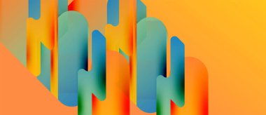 Soyut geometrik şekiller örtüşüyor, canlı renk eğimleri yaratıyor. Turuncu, mavi, kırmızı renkler kompozisyona hakim. Modern tasarım ögesi.