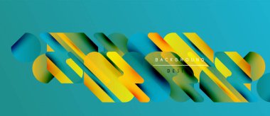 Soyut geometrik tasarım. Renkli yuvarlak dikdörtgenler turkuaz arka planla örtüşüyor. Arkaplan ve sunumlar için modern görsel öge.