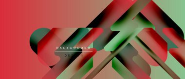 Soyut geometrik şekiller canlı kırmızı ve yeşil renkleri harmanlarlar. Arkaplanda metin arkaplan tasarımı var. Modern, minimalist estetik kompozisyona hakim..