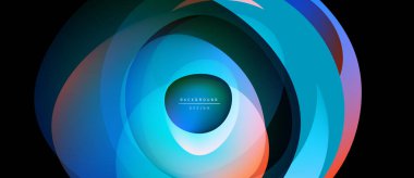 Soyut katmanlı tasarım. Dairesel şekiller mavileri, devleri, portakalları harmanlıyor. Modern estetik, dinamik kompozisyon, temiz sunum.