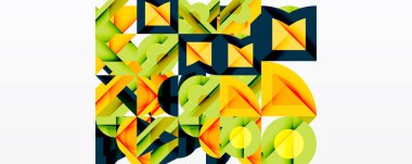 Soyut geometrik bileşim. Sarı, yeşil, siyah şekiller örtüşüyor ve karmaşık görsel doku oluşturuyor. Modern tasarım, canlı renkler.