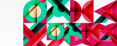 Soyut geometrik desen. Tekrarlayan şekiller dinamik görsel doku yaratır. Kırmızı, yeşil, bej renkler kompozisyona hakim. Modern tasarım.