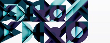 Soyut geometrik bileşim. Mavi, koyu renkler dinamik desenler yaratır. Şekiller örtüşüyor, karmaşık görsel doku oluşturuyor. Modern tasarım.