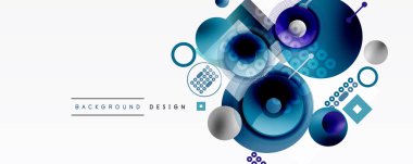 Soyut geometrik şekiller, mavi tonlar, modern tasarım elementleri. Çemberler, kareler, noktalar dinamik bileşim yaratır. Minimalist stil.