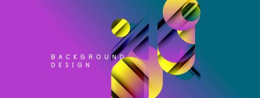 Soyut canlı tasarım renkli küreler ve açılı çizgiler içerir. Gradyan mor, mavi renkler dinamik görsel efekt yaratır. Metin arkaplan tasarımı okur.