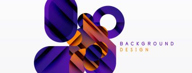 Soyut geometrik şekiller örtüşür, dinamik görsel efekt yaratır. Mor, turuncu renkler beyaz arkaplana hakim. Modern tasarım ögesi.