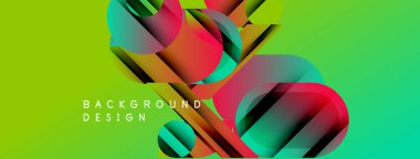 Soyut canlı tasarım, üst üste binen renkli şekiller. Yeşil arkaplan dinamik bileşimi, modern estetiği geliştirir.