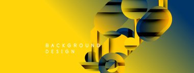 Soyut geometrik şekiller örtüşerek dinamik sarı-mavi gradyan arkaplan oluşturur. Modern tasarım elementleri yenilik ve teknoloji öneriyor.