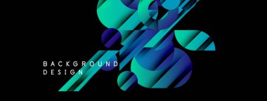 Soyut tasarım canlı mavi, yeşil gradyanlar içerir. Üst üste binen şekiller siyah arkaplan üzerinde dinamik görsel etki yaratır. Modern, şık..