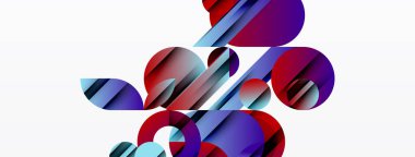 Üst üste binen daireler, dikdörtgenler içeren soyut bir kompozisyon. Canlı mor, mavi renkler beyaz arkaplana hakim. Modern tasarım elemanları.