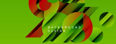 Soyut enerjik tasarım. Üst üste binen daireler, dikdörtgenler dinamik bileşim oluşturur. Parlak yeşil arkaplan görsel etkiyi arttırır.