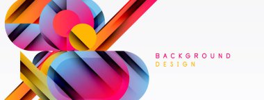 Soyut geometrik şekiller örtüşür, renkli arkaplan oluşturur. Modern tasarım katmanlı daireler, çizgiler, gradyanlar.