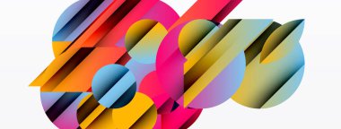 Soyut kompozisyon. Renkli şekiller örtüşüyor, dinamik görsel efektler yaratıyor. Parlak renkler harmanlanır, modern sanat eserleri oluşturulur.