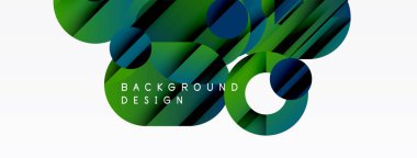 Soyut geometrik şekiller örtüşür, dinamik görsel efekt yaratır. Yeşil, mavi renkler dizaynın baskın renkleri, metin örtüsü mevcut.