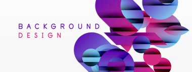 Soyut daireler örtüşüyor, canlı mor, mavi ve pembe renkler yaratıyor. Beyaz alan karşıtlık ve modern estetik sağlar.