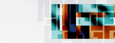 Soyut geometrik şekiller, canlı renkler, modern tasarım. Dikdörtgenler karmaşık görsel doku oluşturur. Minimalist estetik.