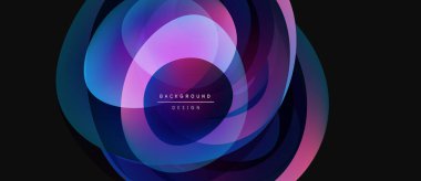 Soyut akış şekilleri canlı ve katmanlı tasarım yaratır. Mor, mavi renkler koyu arkaplana hakim. Metin arkaplan tasarımı okur.