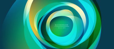 Soyut dairesel katmanlar, canlı yeşiller, maviler, sarılar. Modern tasarım ögesi, temiz estetik, merkezi odak noktası.