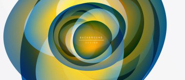 Soyut dairesel tasarım. Eşmerkezli katmanlar sarı, yeşil ve mavi renkleri harmanlarlar. Modern estetik, dinamik bileşim, uygun arkaplan ögesi.