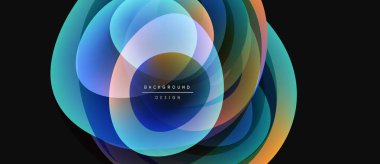 Soyut katmanlar dinamik dairesel bileşim yaratır. Mavi, turuncu, yeşil renkler harmanlanarak modern arka plan tasarımını oluşturuyor. Minimalist metin mevcut.