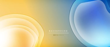 Soyut sıvı şekilleri sarı, mavi ve gri karışımı. Gradyan katmanlar derinlik yaratır, modern tasarım elementi. Minimalist estetik, yumuşak renk paleti.
