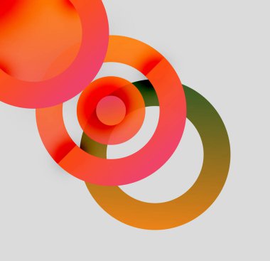 Üst üste binen renkli daireler içeren soyut bir kompozisyon. Gradyan gölgeler derinlik yaratır, görsel ilgi. Minimalist tasarım, modern estetik.
