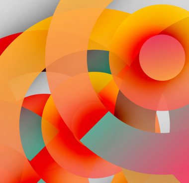 Soyut kompozisyon. Üst üste binen daireler, canlı renkler dinamik görsel deneyimler yaratır. Sıcak tonlar baskın, havalı aksanlar var..