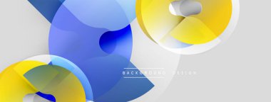 Soyut şekiller örtüşür, dinamik bileşim yaratır. Mavi, sarı, beyaz renkler tasarıma hakim. Modern estetik.