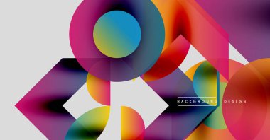 Soyut geometrik şekiller örtüşüyor, canlı renk eğimleri yaratıyor. Modern tasarım pürüzsüz geçişler, dinamik bileşimler içerir.