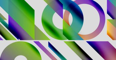 Parlak gradyan, daireler, üçgenler içeren soyut bir kompozisyon. Modern tasarım, pürüzsüz geçişler, renkli şekiller beyaz arkaplana hakim..