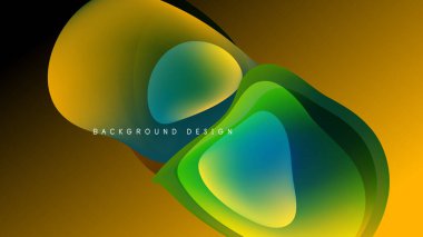 Soyut sıvı şekilleri örtüşür ve canlı renk değişimleri yaratır. Sarılar, yeşiller, maviler koyu arka planda harmanlanır. Modern tasarım ögesi.