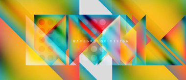 Soyut geometrik şekiller, canlı renkler, dinamik bileşim. Eğimli modern tasarım, üçgenler, daireler, pürüzsüz geçişler.