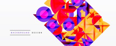 Soyut geometrik şekiller örtüşür, canlı renkli tasarım yaratır. Sarı, mor, kırmızı beyaz arka plana hakim. Modern estetik.