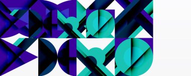 Soyut geometrik bileşim. Şekiller çakışıyor, dinamik görsel etki yaratıyor. Teal, mor renkler tasarıma hakim. Modern estetik.