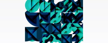 Soyut geometrik bileşim. Teal, donanma şekilleri örtüşüyor, karmaşık desenler oluşturuyor. Minimalist tasarım, modern estetik. Temiz hatlar, düz uçaklar..