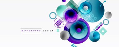 Soyut geometrik bileşim. Çemberler, kareler örtüşüyor ve canlı bir görsel etki yaratıyor. Modern tasarım elemanları.