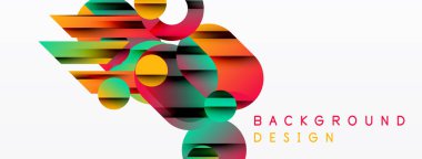 Soyut geometrik şekiller örtüşür, renkli arkaplan oluşturur. Modern tasarım elementleri dinamik bileşimi önerir.