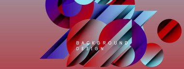 Soyut geometrik şekiller örtüşüyor, canlı renk eğimleri yaratıyor. Kırmızı arka plan mavi ve mor renkleri tamamlar. Modern tasarım ögesi.