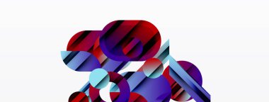 Üst üste binen daireler, dikdörtgenler içeren soyut bir kompozisyon. Gözlükler kırmızı, mavi, mor, cyan. Minimalist tasarım, modern estetik.