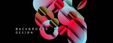 Soyut geometrik şekiller örtüşüyor, canlı renk eğimleri yaratıyor. Tasarımda pembeler, maviler, siyah arka planda yeşiller var. Modern estetik.