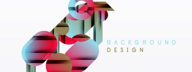 Soyut geometrik şekiller örtüşüyor, canlı renk eğimleri yaratıyor. Tasarım kırmızı, mavi, beyaz arkaplanda deniz mavisi renkler içerir. Modern estetik.