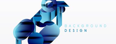 Soyut geometrik şekiller, mavi renkler tasarımda baskın. Minimalist tarz, temiz hatlar, modern estetik. Arkaplan özellikleri örtüşen formlar.