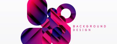 Soyut şekiller örtüşüyor, canlı mor, pembe renkler yaratıyor. Beyaz arka plan karşıtlık sağlıyor, modern estetik. Tasarım hareket, derinlik öneriyor.
